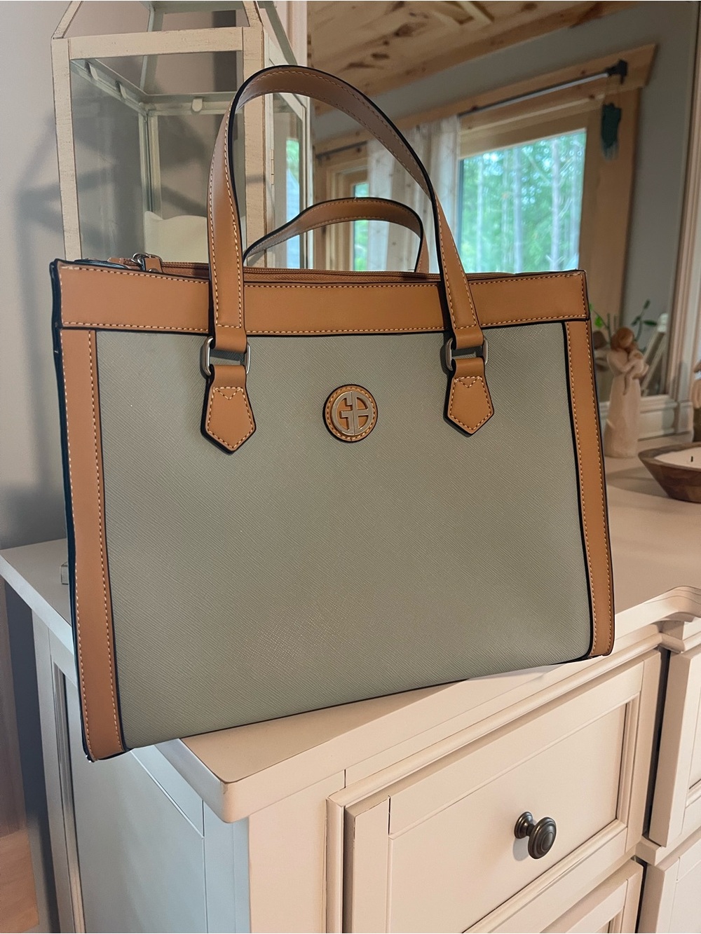Gianni Bini Classic Two-Tone Tote Bag in Light Seafoam Green and Tan